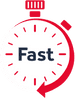 A stopwatch with a red outline and the word 